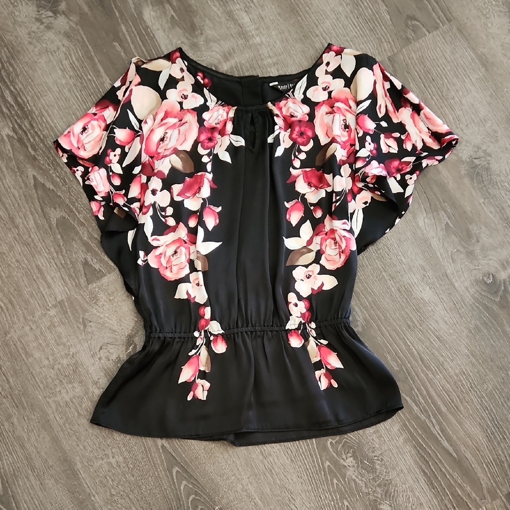 White House Black Market Black and Pink Peplum Floral Cold Shoulder Blouse